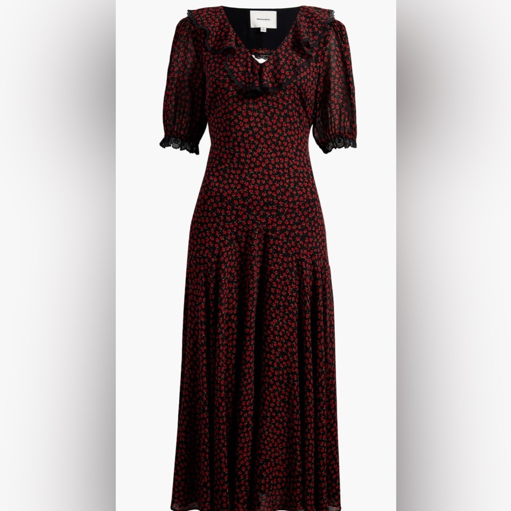 Reformation Evra Lace Trim Maxi Dress Black and Red Backless Dress